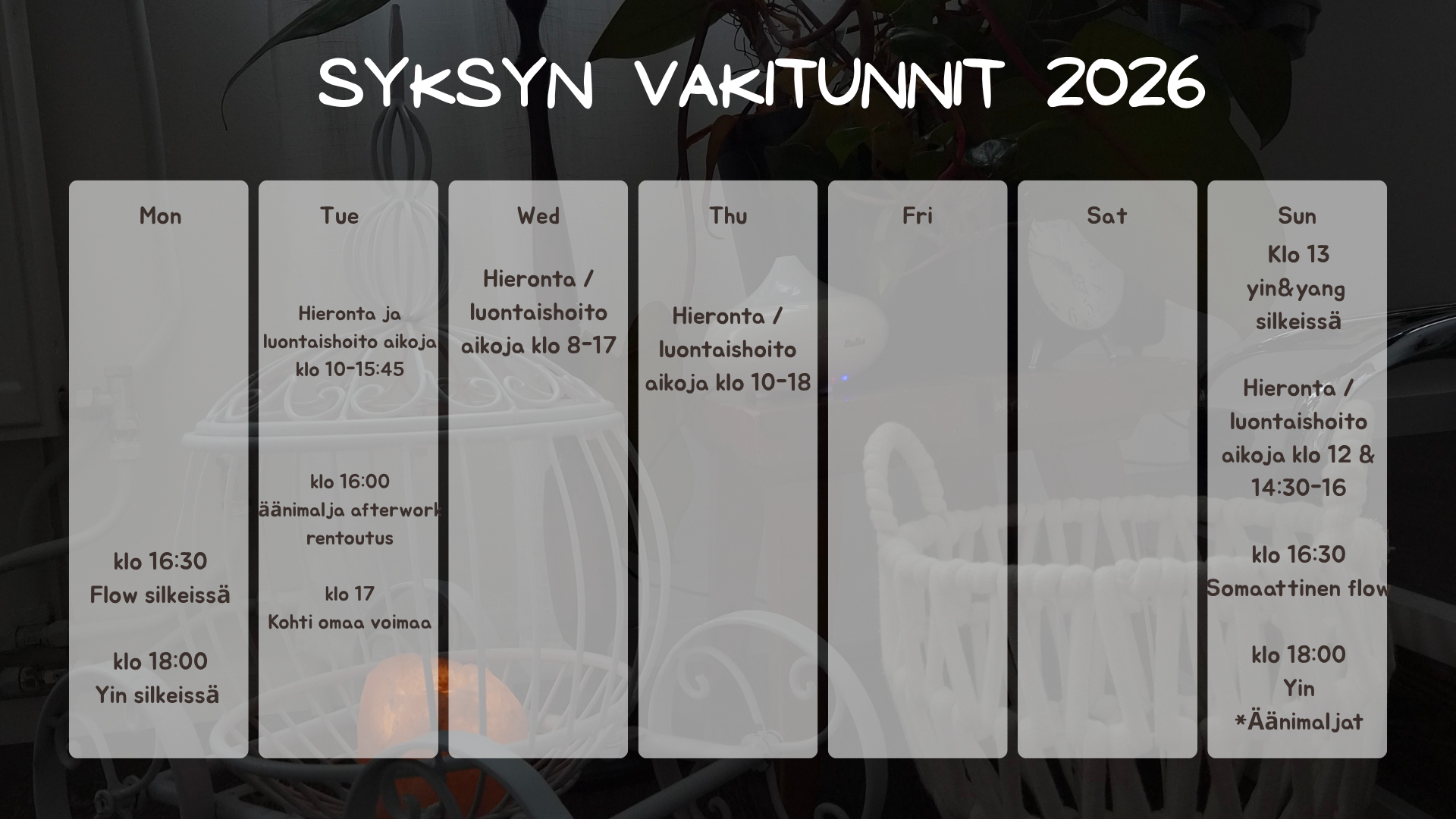 Lukujärjestys on voimassa 1.9 alkaen. Katsothan varauskalenterista ajantasaisen tiedon, lukujärjestyksessä saattaa olla satunnaisia muutoksia ja poikkeamia joita tässä ei näy.